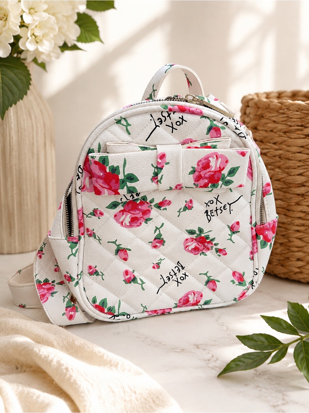 Betsey Johnson Floral Mini Backpack White Pink Roses Bow Purse